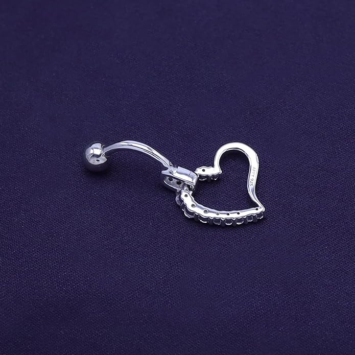 AFFY Women's Heart Charm Belly Ring with Round White Cubic Zirconia in 14K Gold Plated 925 Sterling Silver, Dangle Navel Piercing Jewelry for Her