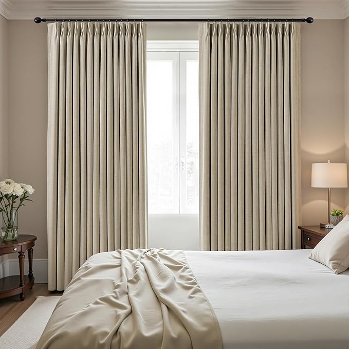 IVAPUPU Sand Pinch Pleated Full Blackout Linen Curtains for Bedroom, Black Out Curtains 102 Inches 1 Panel for Living Room Darkening Thermal Insulated Neutral Pleat Drapes with 12 Hooks, 70''Wx102''L