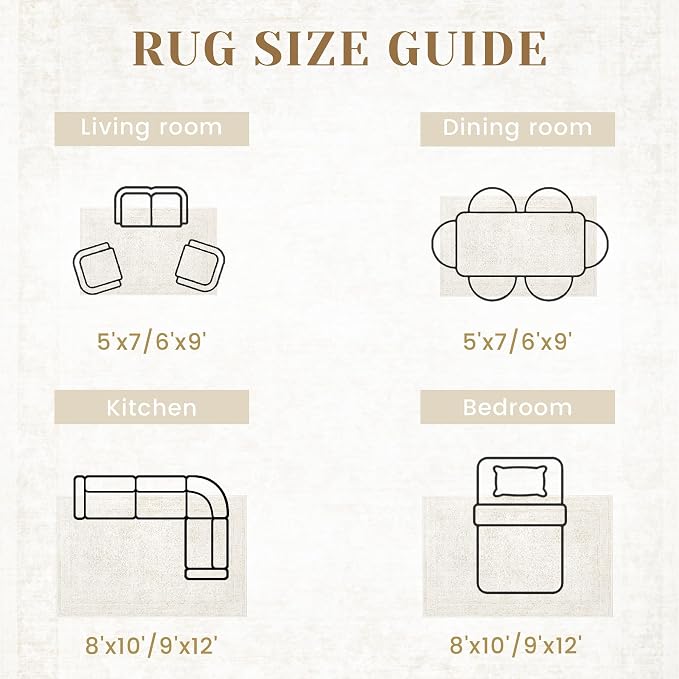 Bedroom Rug Washable Large Area Rugs Foldable Low Pile Print Non Slip Boho Patterned Rugs for Bedroom Living Room Dining Home Office (Floral Beige, 5'x7')