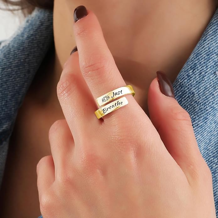 HUASAI Just Breathe Hope Rings for Women Adjustable Tarnish Resistant Stainless Steel Inspirational Jewelry Gifts