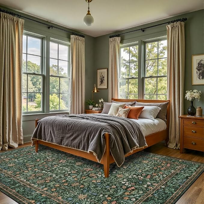 Rugxara Green 8x10 Area Rugs for Living Room Bedroom Large Washable Rug | Non Slip, Rug for Dining Room Office Kids Room, Stain Resistant, Soft, Low Pile, Vintage Boho Retro Carpet,Home Decor