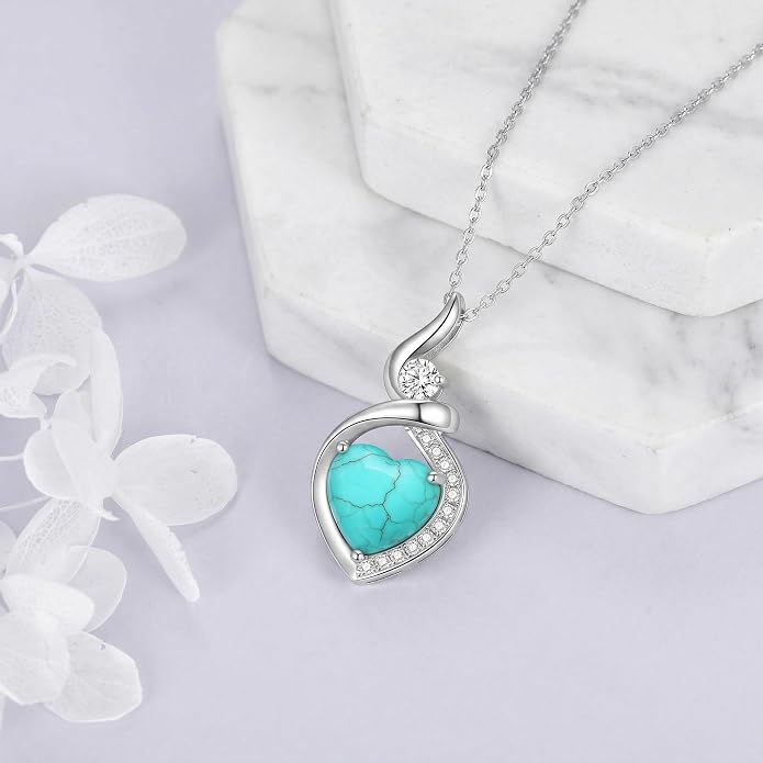 Heart Necklace 925 Sterling Silver Created Moonstone/Turquoise/Lapis Lazuli/Opal Heart Necklace Pendant Necklace Jewelry Gifts for Women