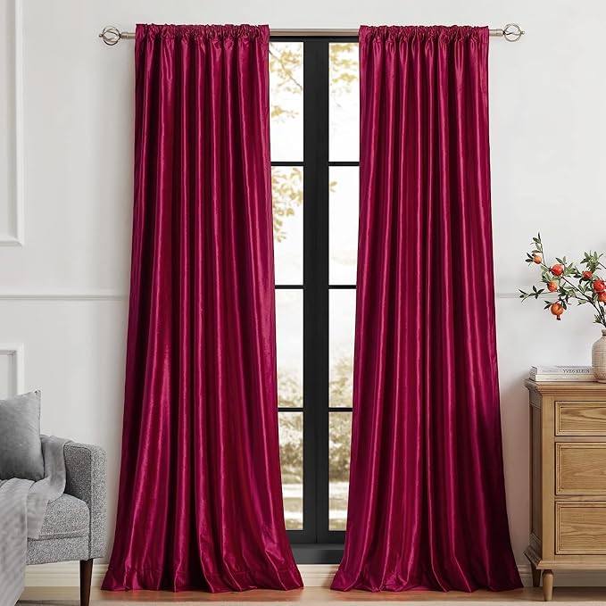 PRIMROSE Red Curtains 90 inch for Living Room Velvet Drapes Blackout Rod Pocket Back Tab Window Treatment Semi Room Darkening Decor Curtains for Bedroom Set of 2 Panels
