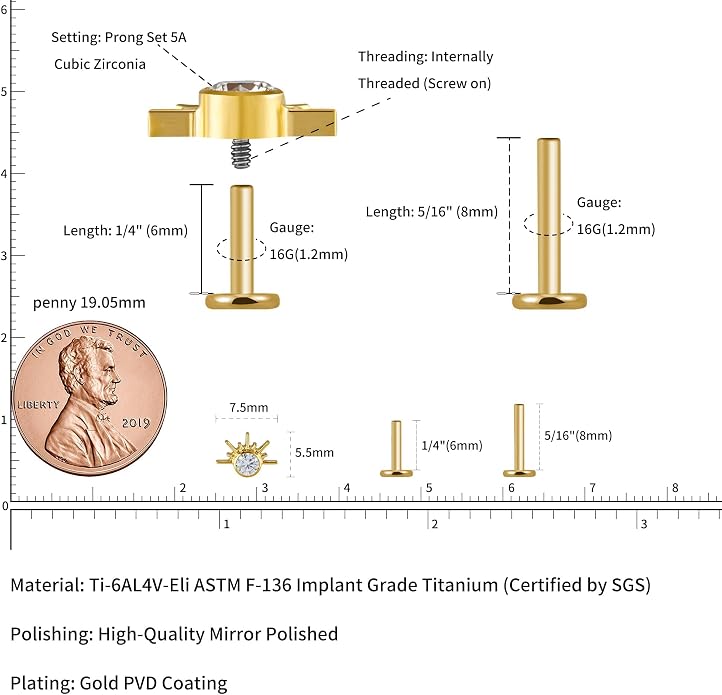FINE4U 1PC ASTM F136 Titanium 16G Flatback Stud for Tragus, Helix, Conch 6mm 8mm - Screw on Cartilage Earring Piercing Jewelry