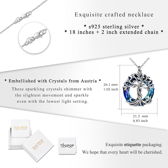 TOUPOP Tree of Life Necklace Gifts for Women 925 Sterling Silver Family Tree Pendant with Crystal Birthday Irish Jewelry Gifts for Women Her Wife Mom