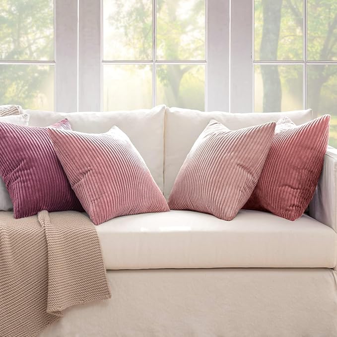 MIULEE Pack of 4 Purple Pink Valentines Corduroy Decorative Throw Pillow Covers 18x18 Inch Soft Boho Striped Pillow Covers Modern Farmhouse Spring Home Decor for Sofa Living Room Couch Bed