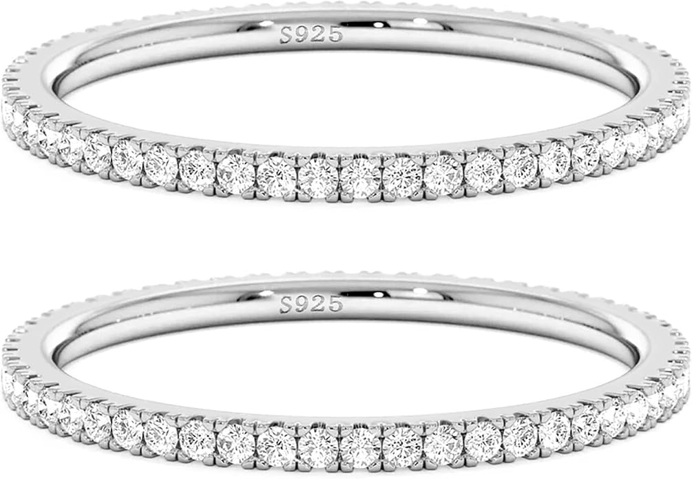 2mm 925 Sterling Silver Rings Gold Engagement Wedding Bands Eternity Cubic Zirconia Simulated Diamond 2pairs Stackable Ring for Women Size 5-10