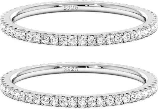 2mm 925 Sterling Silver Rings Gold Engagement Wedding Bands Eternity Cubic Zirconia Simulated Diamond 2pairs Stackable Ring for Women Size 5-10