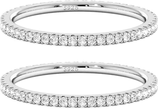 2mm 925 Sterling Silver Rings Gold Engagement Wedding Bands Eternity Cubic Zirconia Simulated Diamond 2pairs Stackable Ring for Women Size 5-10