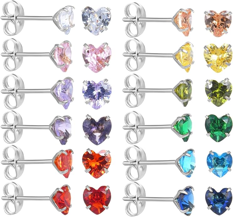 12 Pairs Surgical Stainless Steel Stud Earring Round Heart Star Square Cubic Zirconia Birthstone Stud Earrings Set for Women