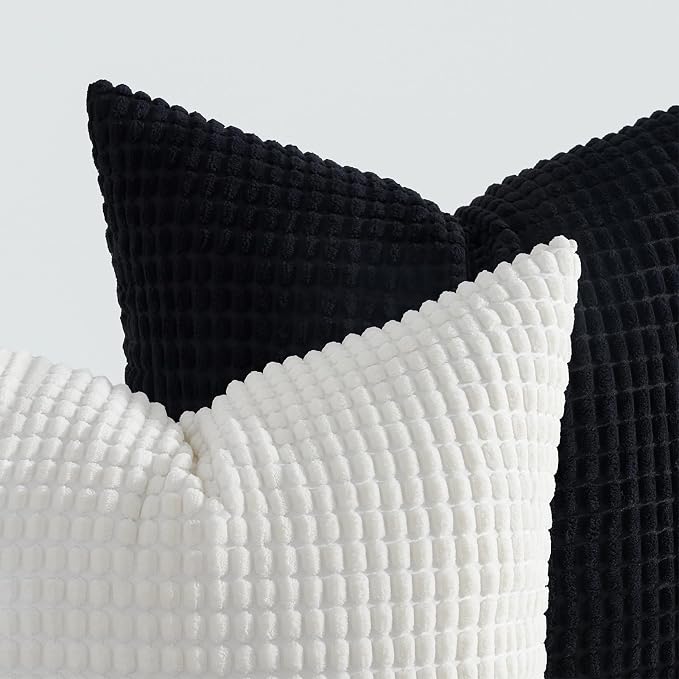Topfinel 4 Packs Black and WhiteDecorative Throw Pillow Covers 22x22 Inch for Living Room Couch Bed Sofa, Boho Western Farmhouse Home Decor, Square Soft Moss Corduroy Fall Cushion Case 55x55 cm