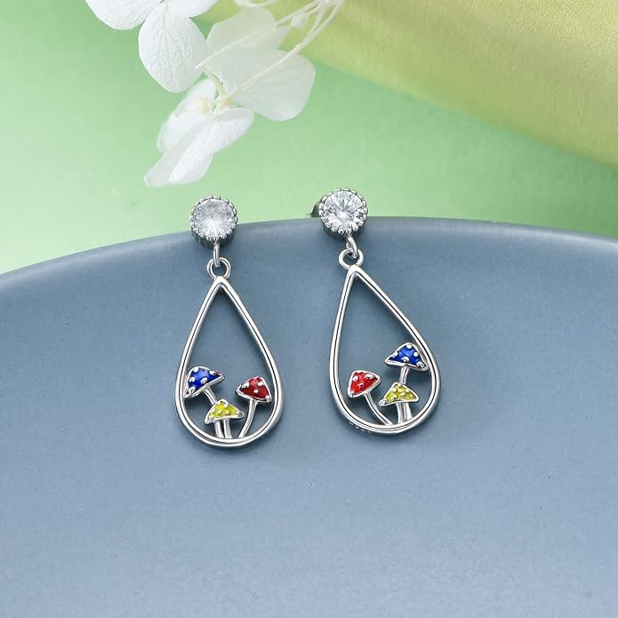 Sterling Silver Cross/Rose/Heart/Moon Star/Mushroom Dangle Drop Stud Earrings Jewelry Gifts for Women Girls