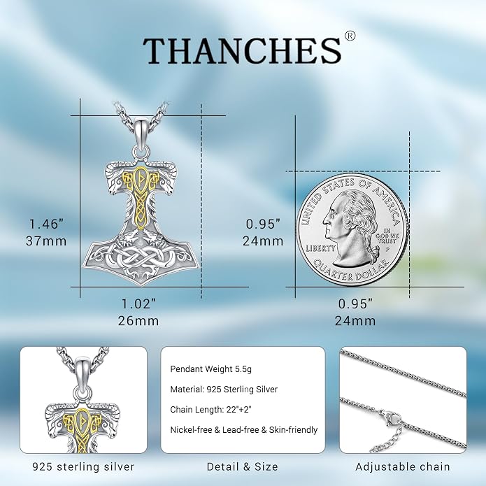 Viking Thor's Hammer Necklace for Men Women, S925 Sterling Silver Vintage Norse Talisman Mjolnir Necklace Amulet Pendant Jewelry Gifts with Sturdy Box Chain