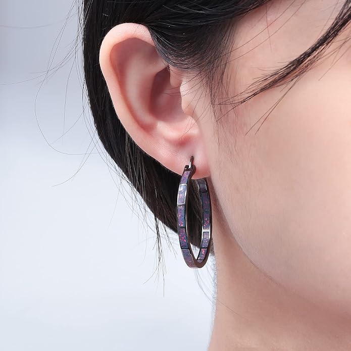CiNily Opal Hoop Earrings,Women Jewelry Rhodium Plated/Rose Gold or Yellow Gold Plated Gemstone Big Hoop Earrings 32mm