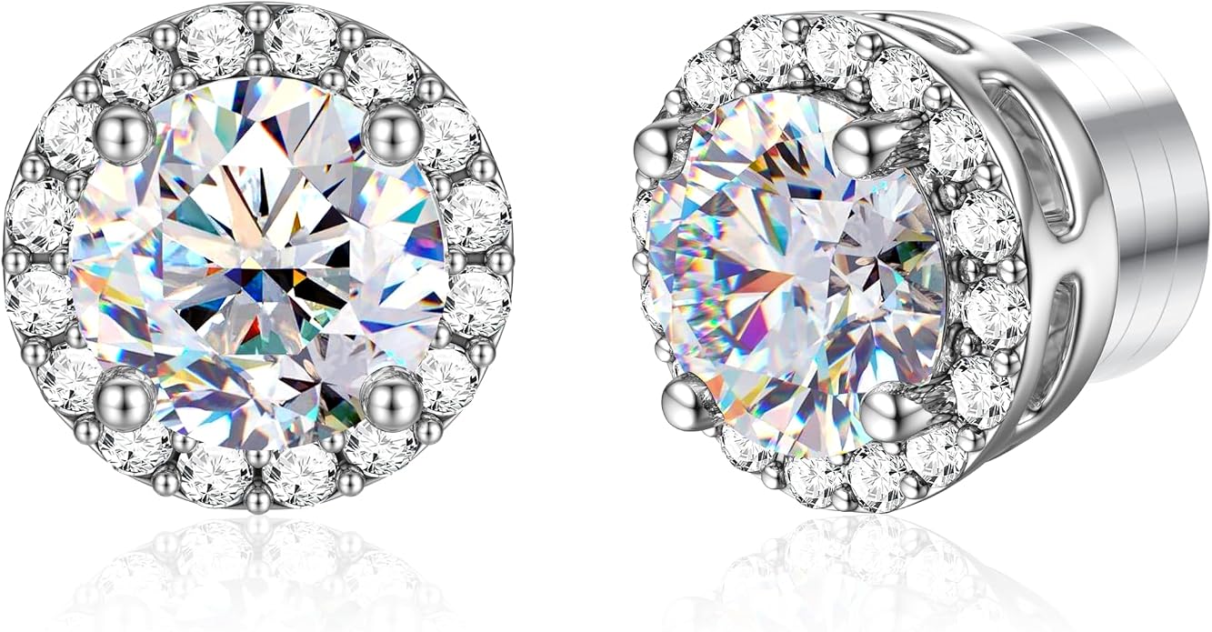 GEMQUEEN Moissanite Magnetic Earrings for Men : 18K White Gold Plated Hypoallergenic Stainless Steel Non Piercing Clip on Fake Earrings Studs Halo Round Square Diamonique Earring Women D Color VVS1