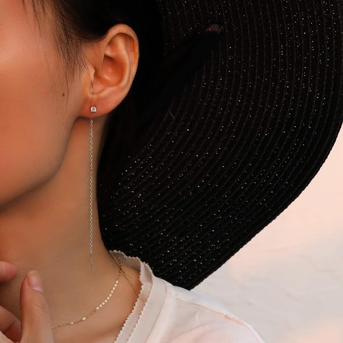 S.Leaf Gold Chain Threader Earrings for Women Trendy 925 Sterling Silver Hypoallergenic Cubic Zirconia Backless Ardant Chain Duster Threader Double Piercing Pull Through Earrings for Women Girls Birthday Gifts