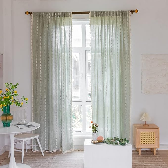 Boho Embroidered Linen Curtains - 96 Inch Long, 2 Panels, Sage Green, Farmhouse Style, Bohemian, Light Filtering for Bedroom & Living Room (52" W x 96" L)