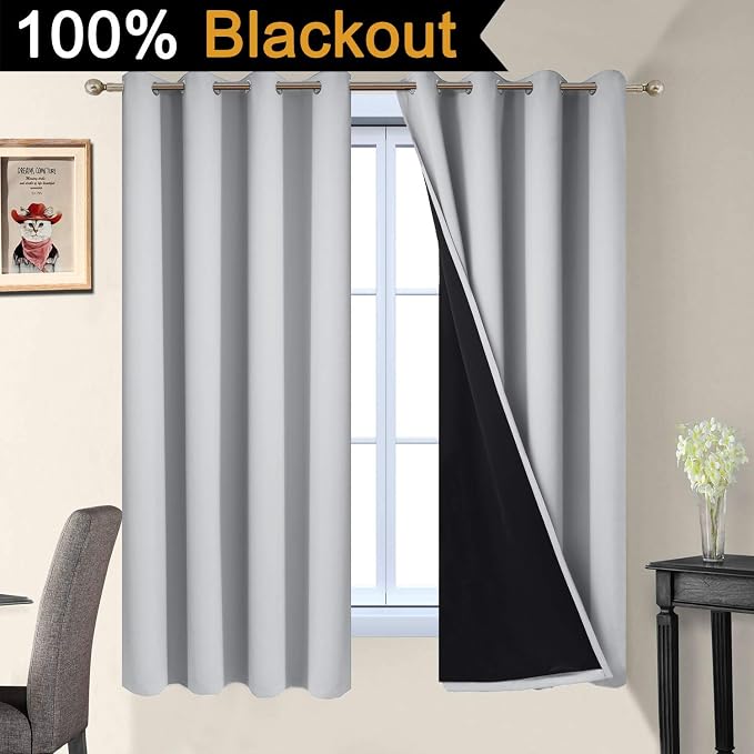 Yakamok Light Grey 100% Blackout Curtains 63 Inches Long 52" Wide 2 Panel | Blackout Curtain Panels for Bedroom, 2 Thick Layers Grommet Top Thermal Insulated Drapes with Black Liner for Living Room