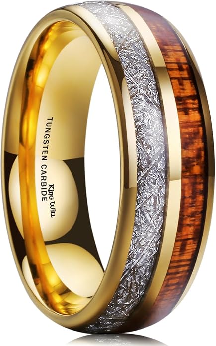 King Will Tungsten Rings for Men Meteorite Carbon Fiber Wood Inlay Mens Wedding Engagement Band Domed Polished