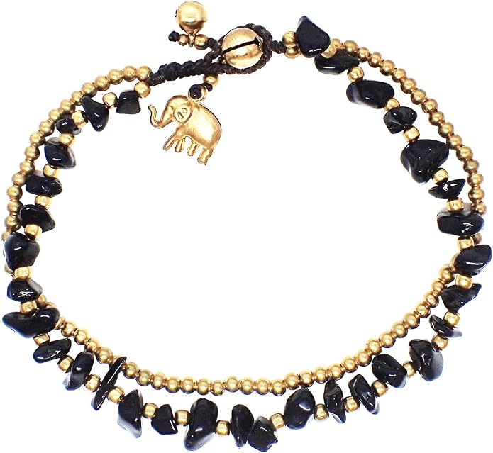 Handmade Black Obsidian Stone Elephant Charm Brass Beads Anklets Bracelet 10 Inches