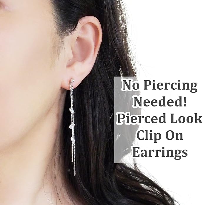 Comfortable Stick Invisible Clip On Earrings Gold Dangle Long Waved Threader Bar Clip-On Non Pierced Earrings Silver For Women,…
