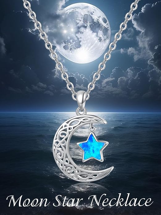 Dreamboat Sterling Silver Moon and Star Necklace Silver Crescent Moon Necklaces for Women Star Pendant Celestial Jewelry Gifts