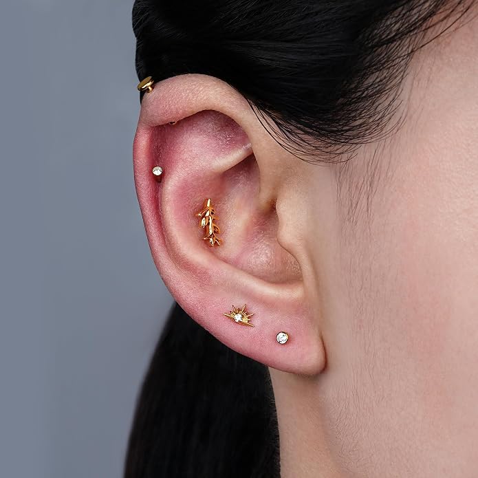 FINE4U 1PC Leaf Flat Back Stud Flat, Helix, Conch, Tragus 6mm 8mm - ASTM F136 Titanium Screw on Body Piercing Jewelry