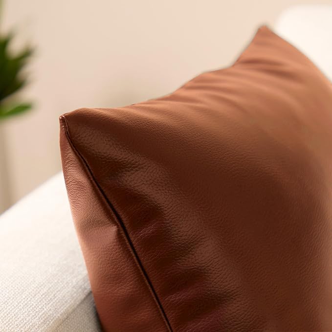 Encasa XO Faux Leather Throw Pillows Covers 16"x16" (Set of 2) | Tan Decorative Cushion Covers | Modern Farmhouse Pillow Cases for Outdoor, Living Room, Bedroom, Couch, Sofa