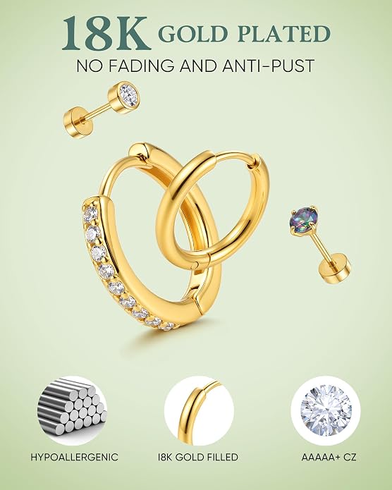 14K Gold Plated Hypoallergenic Earring Stack Set, Surgical Steel Flat Back & Screw Back Studs, Multi‑Size Small Huggie Hoops, Nickel‑Free CZ Pearl Opal Cartilage Earrings, Comfortable Sleeping Piercing Jewelry for Sensitive Ears Women & Men