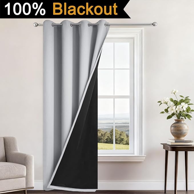 Yakamok Light Grey 100% Blackout Curtains 84 Inches Long 52" Wide 1 Panel | Blackout Curtain Panels for Bedroom, 2 Thick Layers Grommet Top Thermal Insulated Drapes with Black Liner for Living Room