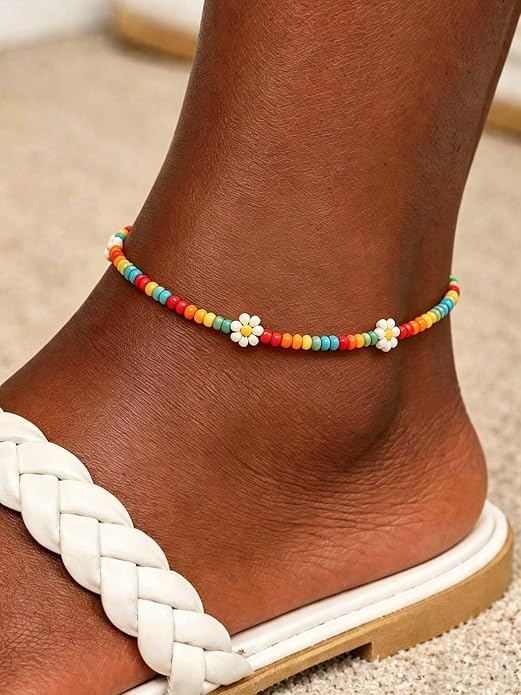 Beaded Chain Ankle Bracelets for Women Waterproof Sunflower Anklets Beachy Vacation Foot Jewelry Gifts