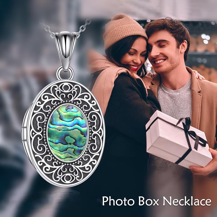CRMAD Opal/Moonstone/Turquoise Locket Necklace for Women Sterling Silver Oval-Shaped Opal Locket Pendant Holds Pictures Always with You Vintage Style Photos Locket Jewelry Gifts for Loved One