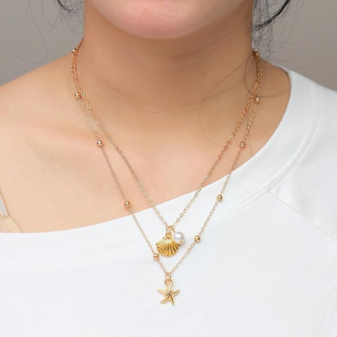 14K Gold Plated Paper Clip Chain Link Necklace Satellite Cross Key Starfish Turquoise Heart Necklace for Women