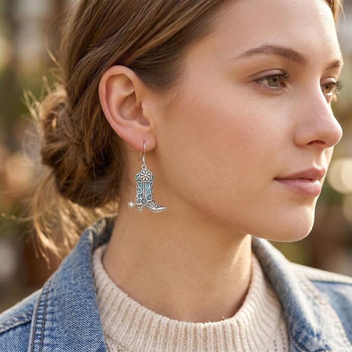 Silver Earrings Women Dangle Filigree/Abalone Shell/Turquoise Cowgirl Earrings Cat/Hummingbird/Chicken/Celtic Knot/Butterfly Jewelry Birthday Gifts for Women