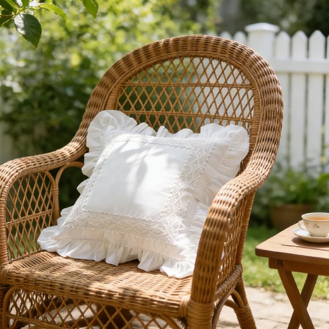 26x26 Pillow Covers, White Lace Square Cushion Cover 100% Cotton Throw Pillow Cover Pillowcase Set of 2, Decorative Cushion case,Handmade Pillowcase with Ruffles