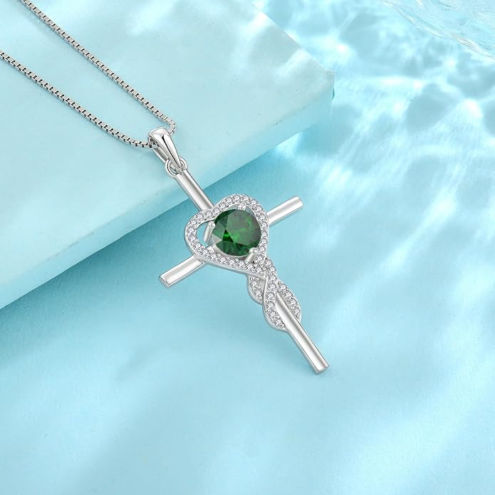 Cross Necklace for Women 925 Sterling Silver Infinity Birthstone Pendant Necklace Religious Christian Jewelry Gifts Wife Mom Her
