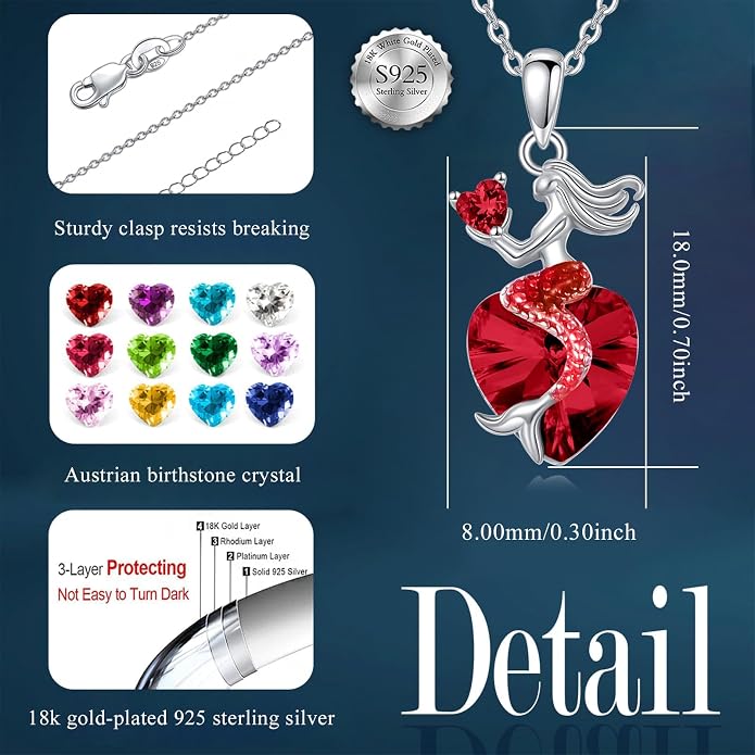 Mermaid Birthstone Necklace for Women 925 Sterling Silver Jewelry Austrian Crystal Pendant Christmas Gifts for Her
