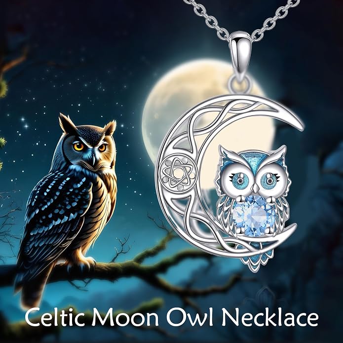 Owl Birthstone Necklace Sterling Silver Celtic Moon Pendant Cubic Zirconia Owls Jewelry Birthday Gifts for Women Men