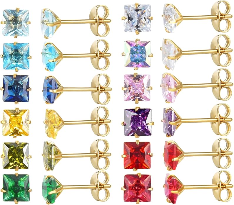 12 Pairs Surgical Stainless Steel Stud Earring Round Heart Star Square Cubic Zirconia Birthstone Stud Earrings Set for Women