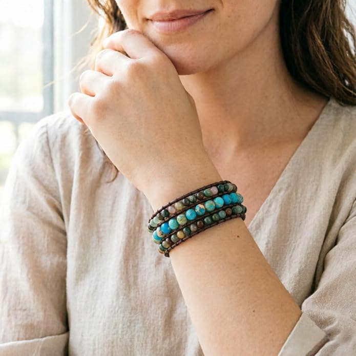 YGLINE Boho Handmade Natural Stone Bead 3 Row Wide Wrap Wrist Statment Bracelet Jewelry Collection