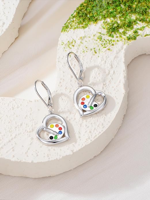 Midari Heart Dangle Earrings 925 Sterling Silver Leverback Drop Earrings Teacher Music Art Jewelry Gifts for Women Students Apple/Guitar/Palette/Note Design