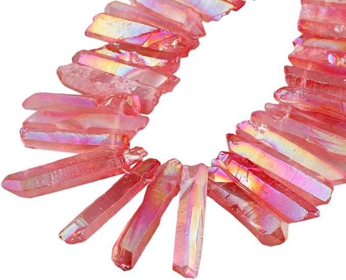 SUNYIK Light Red Crystal Points Titanium Coated Quartz Rough Sticks Spikes Point Beads 15 inch Strand Drilled