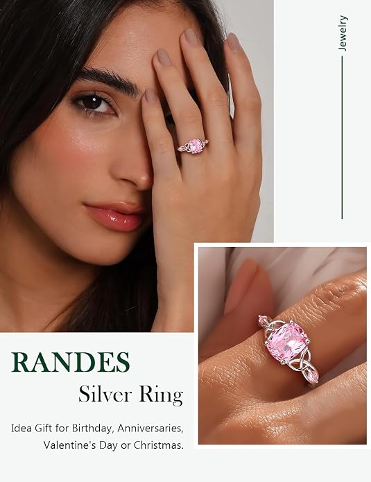 925 Sterling Silver Birthstone Rings for Women Cushion Cut Engagement Celtic Knot Ring Irish Jewelry Created Gemstone Anniversary Rings Size 6-10(with Box)