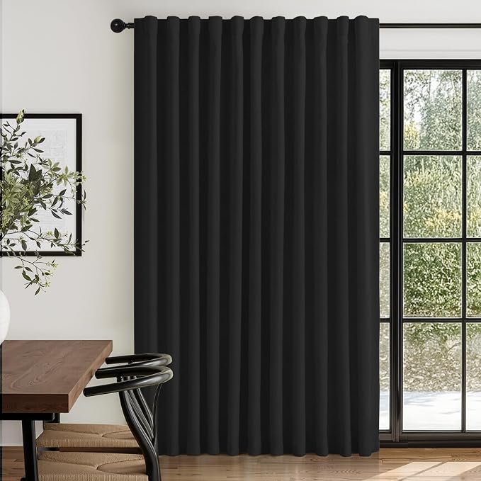 100% Blackout Shield Linen Blackout Sliding Door Curtains for Living Room, Back Tab/Rod Pocket Thermal Insulated Curtains for Sliding Glass Doors, 1 Panel Set, 100" W x 84" L, Black