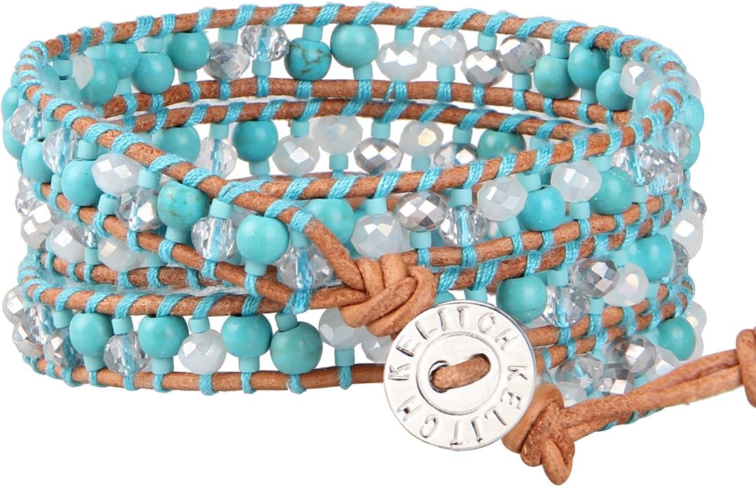 KELITCH Skull 3 Wrap Leather Bracelet Punk Beaded Bracelets Stackable Gothic Bangle Bracelets