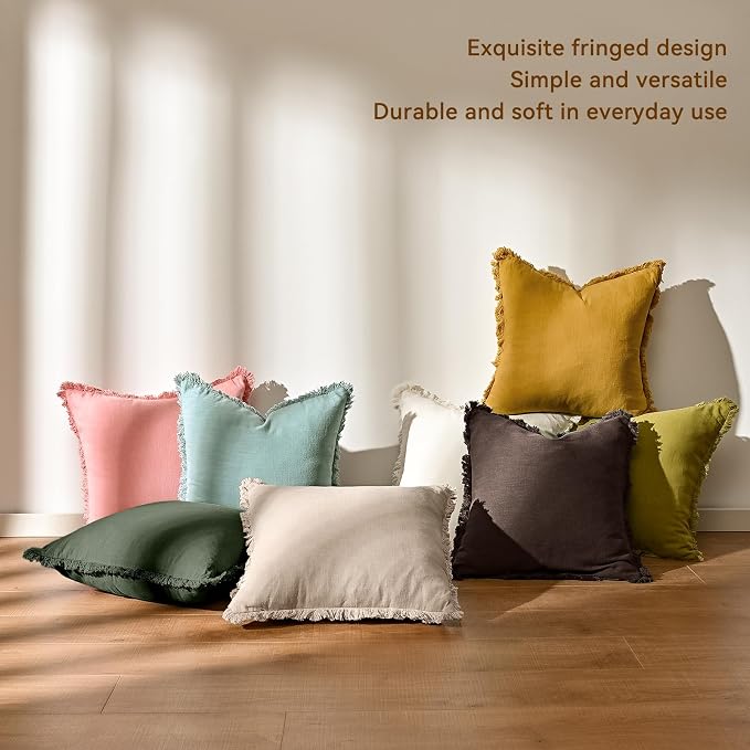 AmHoo Pack of 2 Linen Pillow Covers with Tassels Fringed Decorative Rustic Natural Throw Pillowcase Cushion for Couch Sofa Bedroom 24 x 24-Inch Brown