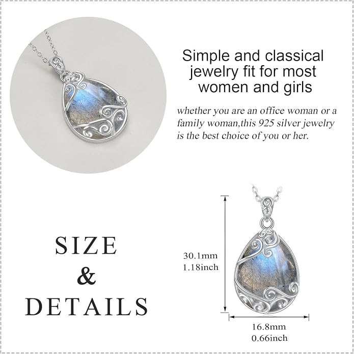 YAFEINI 925 Sterling Silver Moonstone Necklace Filigree Teardrop Pendant Necklace Jewelry for Women Girls