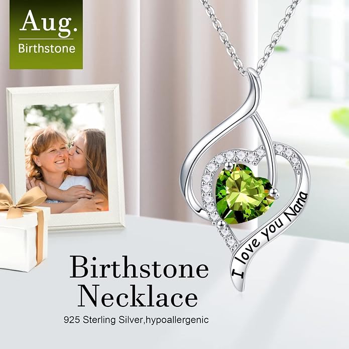 Nana Gifts Sterling Silver Heart Birthstone Necklaces, I Love You Nana Gifts for Mothers, Grandma