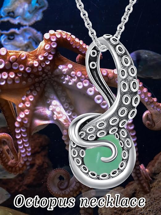 Octopus Tentacles Necklace with Gemston 925 Sterling Silver Octopus Pendant for Women Ocean Jewelry Gift for Women