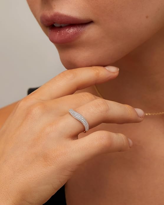 PAVOI 14K Gold Plated Wavy Cubic Zirconia Stackable Ring for Women | Twisted Wave CZ Band | Delicate Eternity Rings